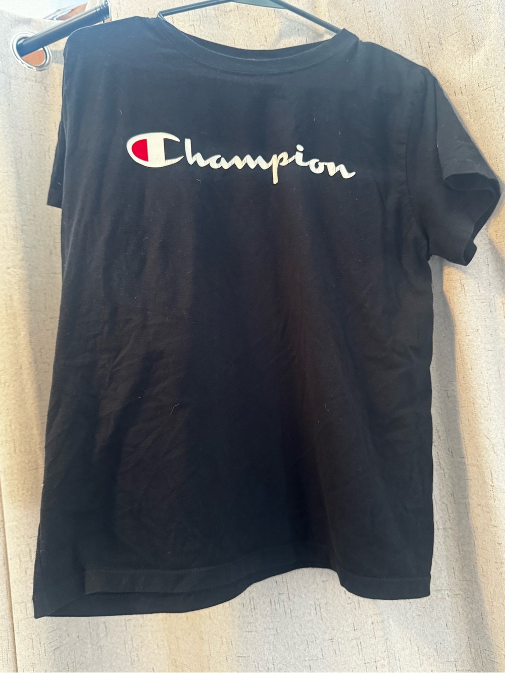 Champion Black Tee with White Script and Red Logo Accent